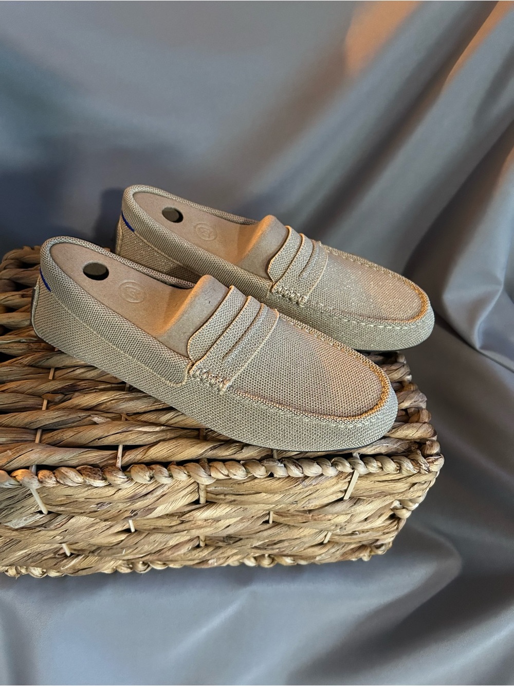 Rothy's Women's Slip-On Loafers in Beige/ goldish sparkle Canvas